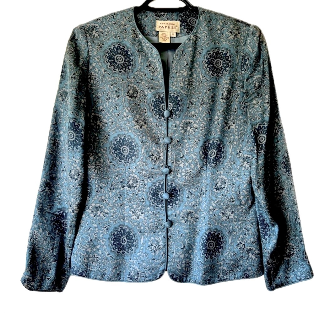 100% Silk Adrianna Papell Blue Button Down Shirt Jacket Paisley Floral - Size 6